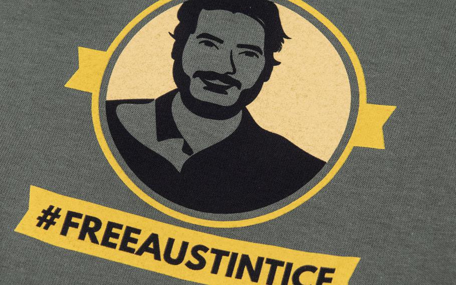 An image of missing journalist Austin Tice, on a t-shirt distributed to volunteers on Capitol Hill, Sept. 23, 2019.