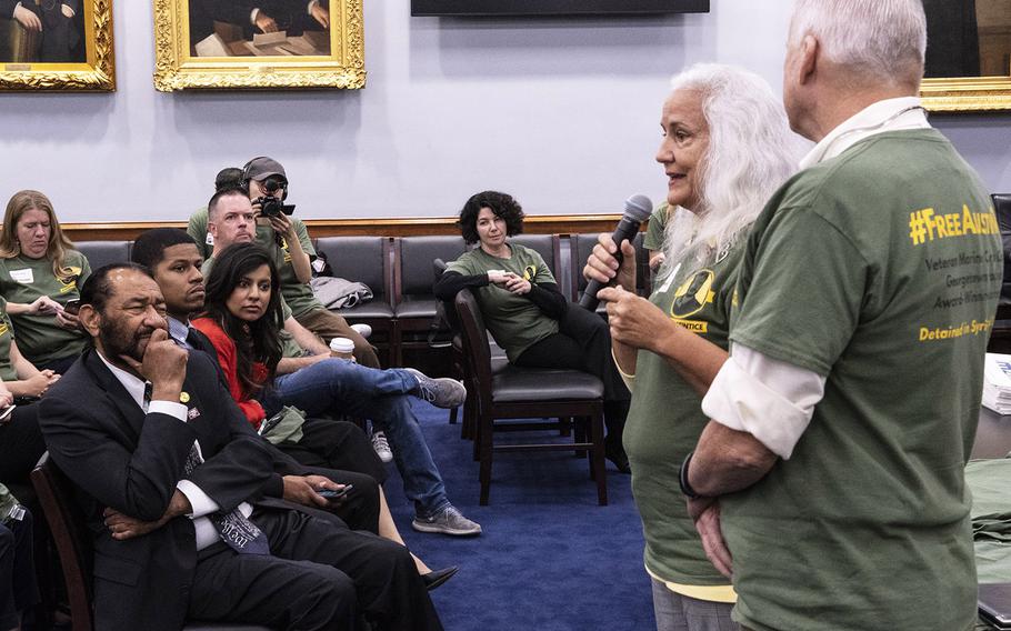Debra and Marc Tice, parents of Austin Tice, talk to volunteers who are about to distribute information about the missing journalist to Capitol Hill offices, Sept. 23, 2019. In left foreground is their Congressman, Rep. Al Green, D-Texas.