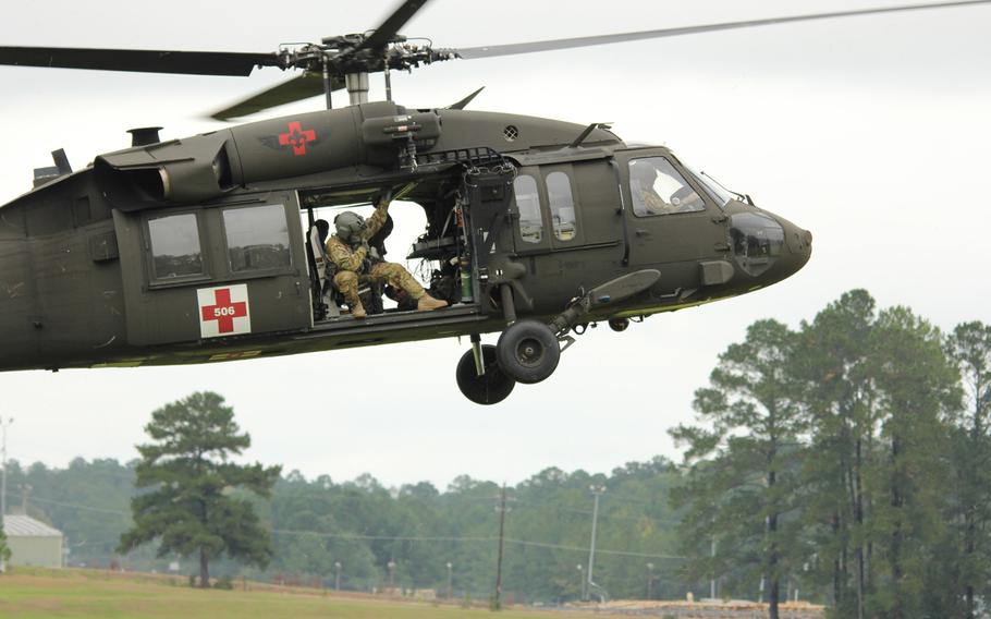 A U.S. Army UH-60 Black Hawk helicopter lands on Honor Field at Fort Polk, Louisiana, Oct. 25, 2018.