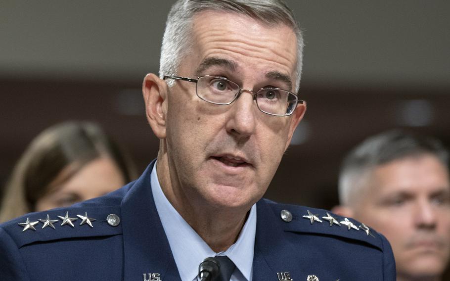 Gen. John E. Hyten speaks during his Senate Armed Services Committee confirmation hearing to serve as vice chairman of the Joint Chiefs of Staff, July 30, 2019, on Capitol Hill. He was confirmed Thursday, Sept. 26, 2019, by the Senate.