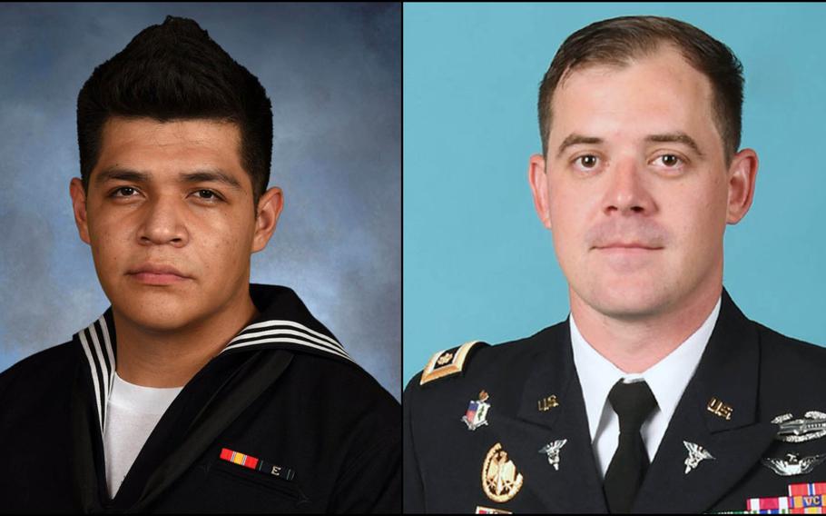 Left: The U.S. Navy identified Logistics Specialist Seaman Juan Jose Garcia-Herrera of Chicago, as the sailor who died Saturday from a fall aboard the USS Nimitz on Friday, Sept. 27, 2019. Right: The U.S. Army identified Maj. Trevor Joseph, commander of the Charlie Company, 1st Battalion, 5th Aviation Regiment medevac unit at Fort Polk, La., as the pilot killed in a helicopter crash Thursday, Sept. 26, 2019.