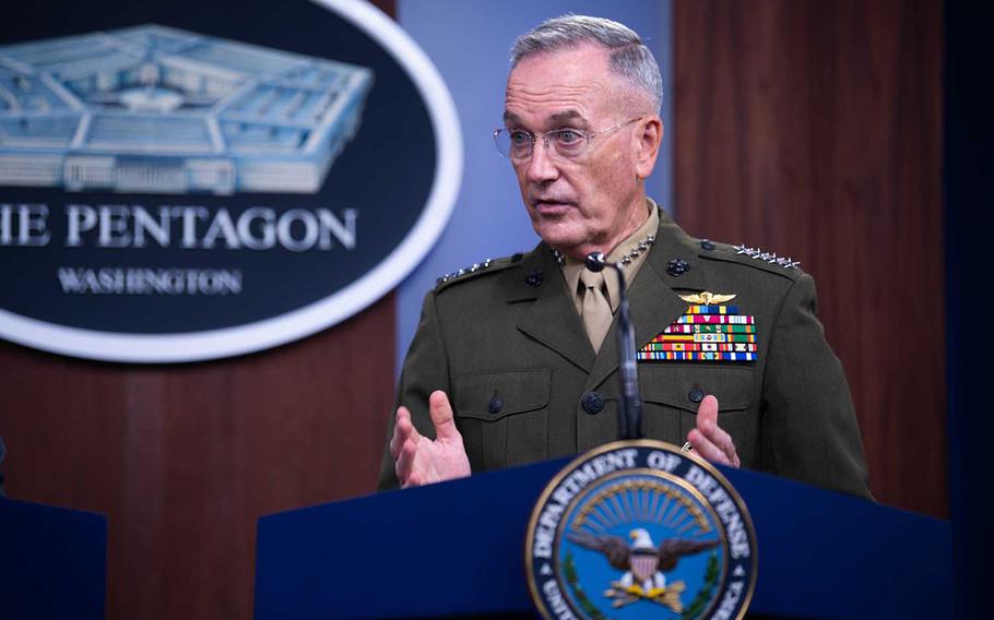 Joint Chairman Chief of Staff Gen. Joseph F. Dunford speaks to members of the media during his first joint news conference with Secretary of Defense Mark T. Esper at the Pentagon in Washington on Aug. 28, 2019.