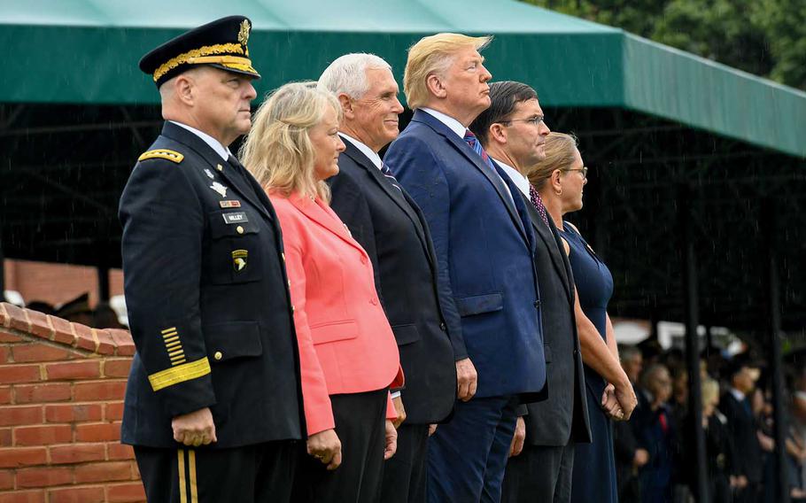 An Armed Forces Welcome Ceremony in honor of the Chairman of the Joint Chiefs of Staff U.S. Army Gen. Mark A. Milley is held at Joint Base Myer-Henderson Hall in Arlington, Va., on Sept. 30, 2019. The ceremony was hosted by President Donald Trump and included remarks by Vice President Michael Pence and Secretary of Defense Mark Esper.