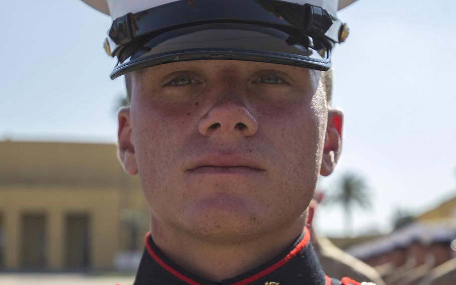 Pfc. Brendan M. Bialy, the 18-year-old guide of Platoon 2147, Golf Company, 2nd Recruit Training Battalion. Bial helped tackle and disarm a gunman during a shooting at his high school in Highlands Ranch, Colo. earlier this year. 