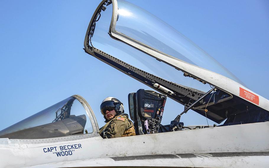 Lt. Andrew Jalali prepares for the official final active-duty flight of the last Navy F/A-18C Hornet assigned to Strike Fighter Squadron (VFA) 106 at Naval Air Station Oceana, Oct. 2, 2019.