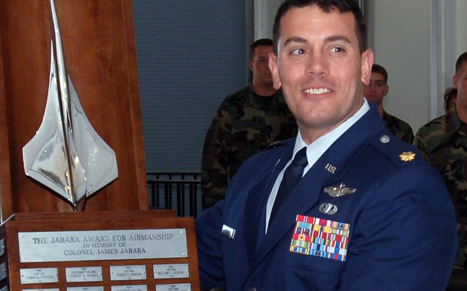 In a 2007 photo, Maj. Mark W. Visconi receives the Col. James Jabara Award for Airmanship, given each year to the U.S. Air Force Academy graduate whose accomplishments demonstrate superior performance in fields directly involved with aerospace vehicles.