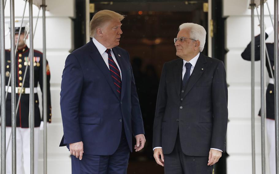 President Donald Trump welcomes Italian President Sergio Mattarella to the White House on Wednesday, Oct. 16, 2019, in Washington.