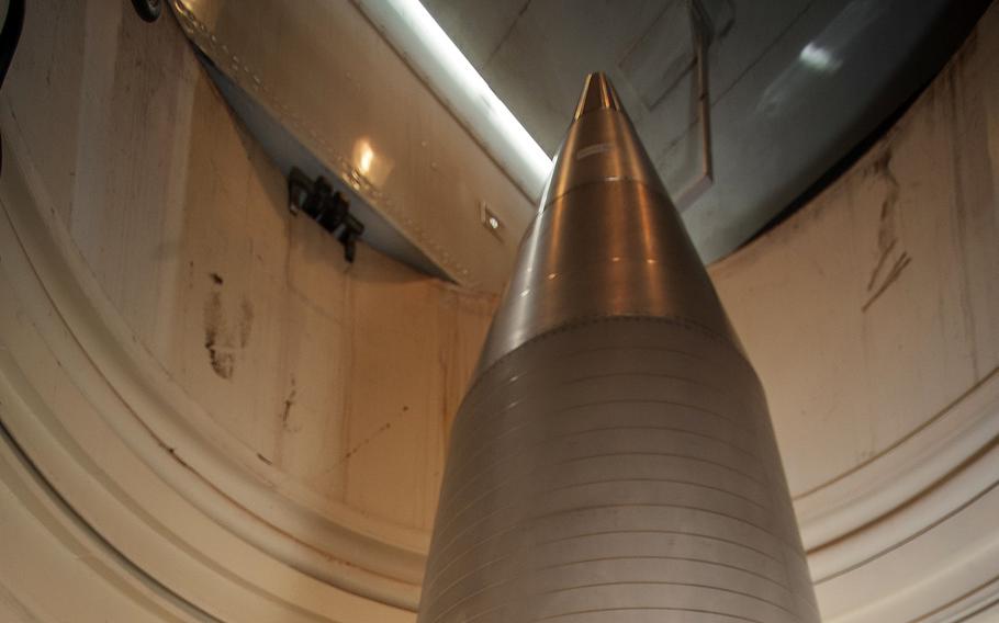 The tip of an LGM-30 Minuteman III intercontinental ballistic missile is pictured at a Minot Air Force base facility in North Dakota, Oct. 27, 2017.