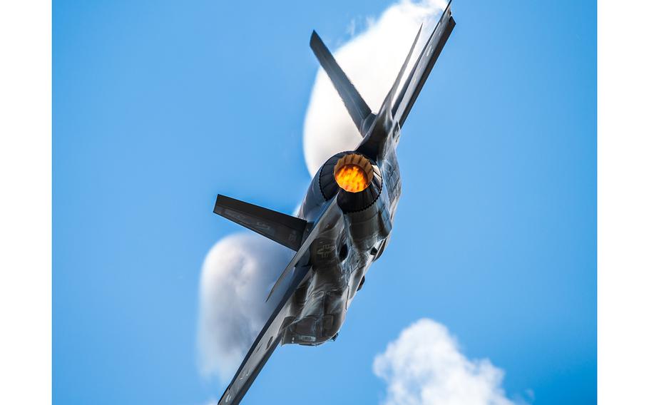 An F-35 performs aerial maneuvers during an airshow Oct. 18, 2019, in Houston, Texas.