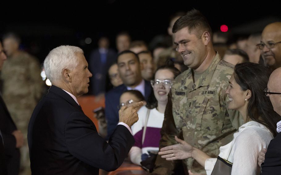 Vice President Mike Pence greets 1st Lt. Matt Hugenberg and his wife Amanda at Robert Gray Army Airfield at Fort Hood, Texas, on Oct. 28, 2019.