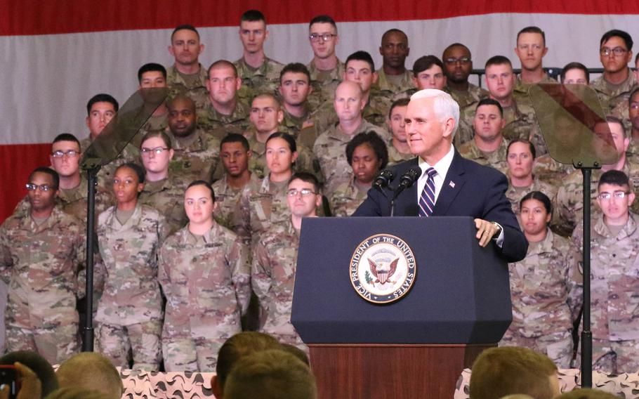 Vice President Mike Pence speaks Tuesday, Oct. 29, 2019, to personnel at Fort Hood, Texas, where he paid tribute to the victims and their friends and families of a mass shooting incident that took place nearly a decade ago on Nov. 5, 2009.
