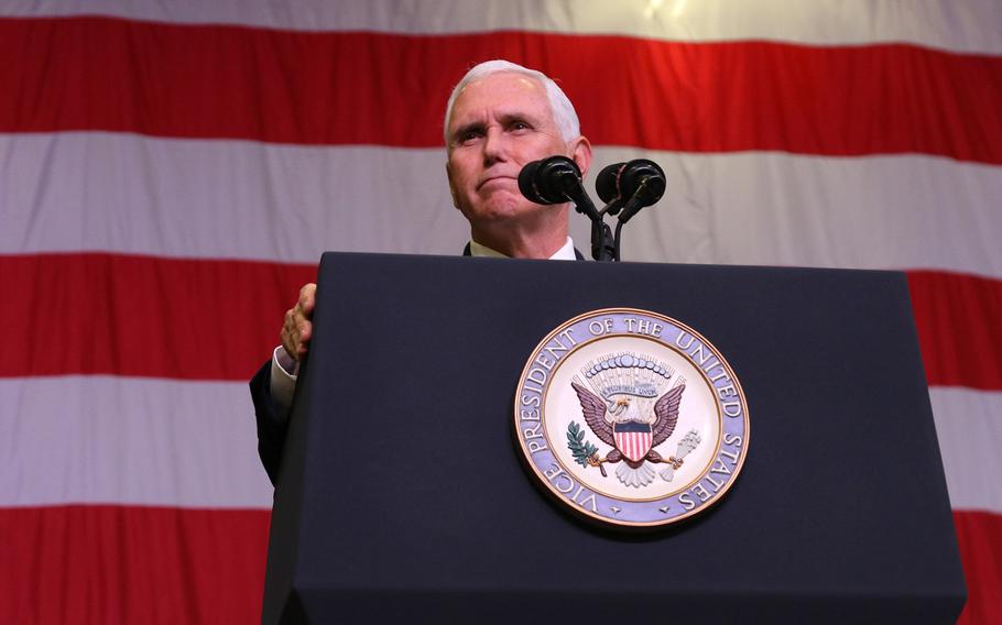 Vice President Mike Pence addresses military personnel at Fort Hood, Texas, on Tuesday, Oct. 29, 2019.
