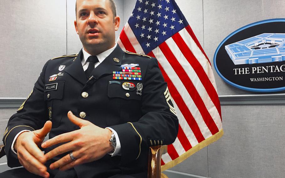 Army Green Beret Master Sgt. Matthew O. Williams, pictured at the Pentagon Tuesday, Oct. 29, 2019, will receive the Medal of Honor Wednesday for his actions during a firefight in Afghanistan April 6, 2008. 