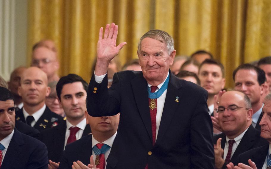 Retired Army Col. Walter Marm stands up and waves during a Medal of Honor ceremony at the White House on Wednesday, Oct. 30, 2019. Marm was one of eight MOH recipients who attended an awards ceremony at the White House to recognize Army Master Sgt. Matthew Williams, the latest Medal of Honor recipient.