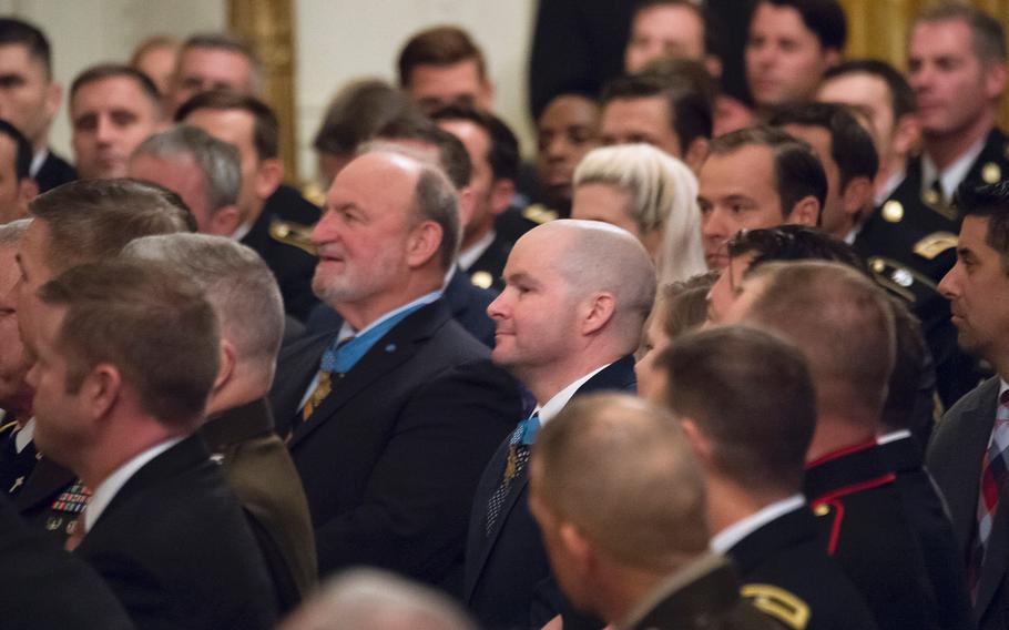 Medal of Honor recipients Ronald Shurer, right, and Brian Thacker, attend an MOH ceremony at the White House on Wednesday, Oct. 30, 2019. Shurer and Thacker were among eight MOH recipients who witnessed Army Master Sgt. Matthew Williams becoming the latest Medal of Honor recipient.