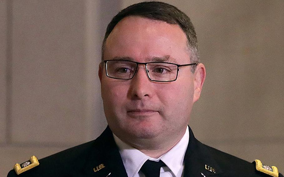 Army Lt. Colonel Alexander Vindman arrives at a closed session before the House Intelligence, Foreign Affairs and Oversight committees on Tuesday, Oct. 29, 2019, at the U.S. Capitol in Washington, D.C. Vindman's twin brother, Yevgeny, a White House lawyer, may also testify in the House proceedings.