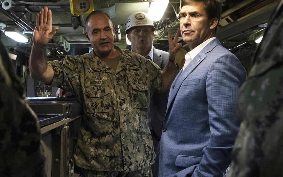 Secretary of Defense Mark Esper visits the USS Boise attack submarine, Norfolk, Va., Sept. 25, 2019. With him is the commander of submarine forces, Vice Adm. Charles Richard.