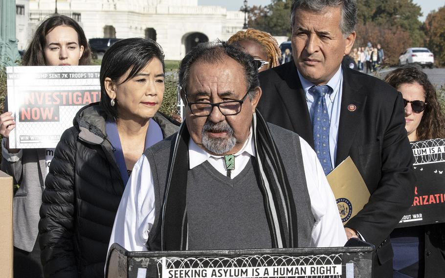 Rep. Raúl M. Grijalva, D-Ariz., speaks at a press conference on the use of U.S. troops at the southern border, November 15, 2019 on Capitol Hill. Behind him are Reps. Judy Chu, D-Calif., and Juan Vargas, D-Calif.