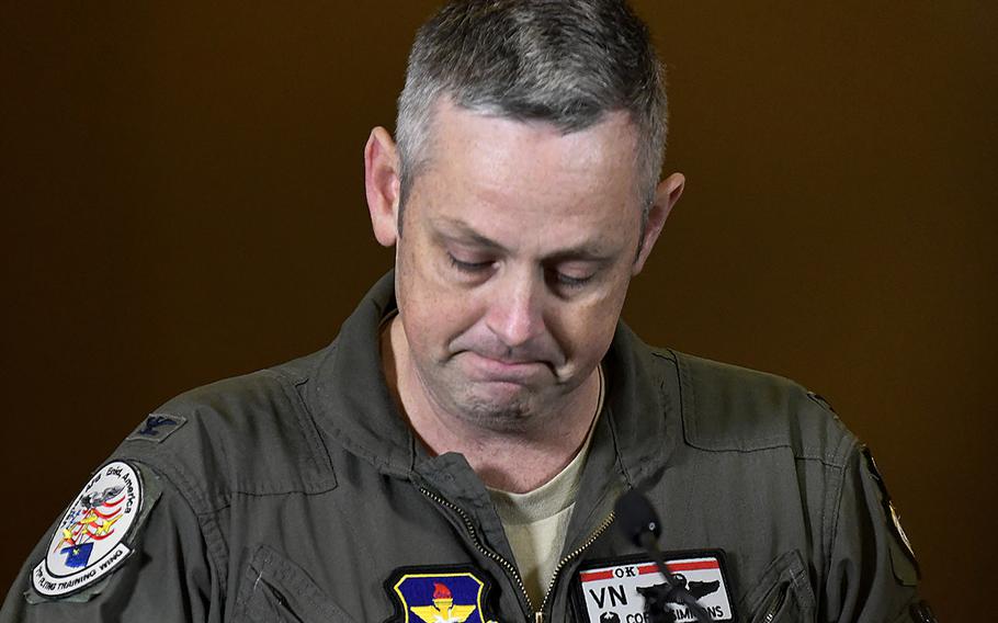 Col. Corey A. Simmons, Commander 71st Flying Training Wing Vance Air Force Base addresses the media on the death of two airmen during T-38 Talon training operations a training exercise in northwestern Oklahoma Thursday, November 21, 2019 in Enid, Okla.