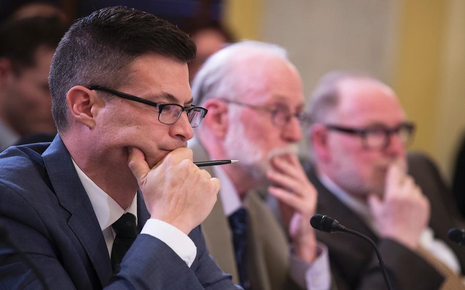 Attending a Senate Veterans Affairs hearing on Capitol Hill in Washington on Wednesday, Dec. 4, 2019, are from left, Acting Director of the VA's Suicide Prevention Program Matthew Miller, Department of Health and Human Services' Suicide Prevention Branch Chief Richard McKeon and Harvard Medical School's McNeil Family Professor of Health Care Policy Ronald Kessler.