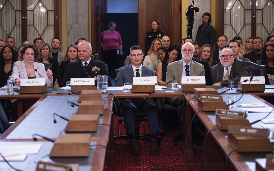 Attending a Senate Veterans Affairs hearing on Capitol Hill in Washington on Wednesday, Dec. 4, 2019, are from left, Department of Defense Suicide Prevention Director Karin Orvis, DOD's Mental Health Programs Director Capt. Michael Colston, Acting Director of the VA's Suicide Prevention Program Matthew Miller, Department of Health and Human Services' Suicide Prevention Branch Chief Richard McKeon and Harvard Medical School's McNeil Family Professor of Health Care Policy Ronald Kessler.