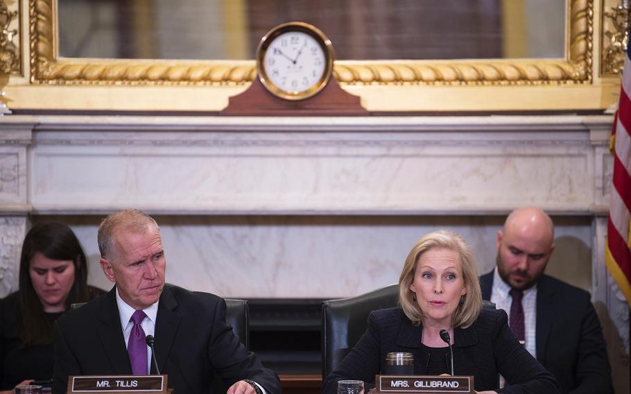 Veterans Affairs Subcommittee on Personnel Chairman Sen. Thom Tillis, R-N.C., and Ranking Member Sen. Kirsten Gillibrand, D-N.Y., address witnesses during a hearing on suicide prevention on Capitol Hill in Washington on Wednesday, Dec. 4, 2019.