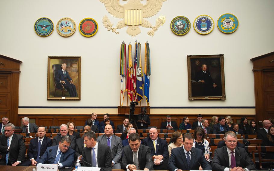 Preparing to testify about military housing issues are from left: Corvias Group CEO John Picerne, Hunt Military Communities President John Ehle, Lendlease Americas CEO Denis Hickey, Balfour Beatty Communities President Richard Taylor and Lincoln Military Housing President Jarl Bliss during a House Armed Services Committee hearing on Capitol Hill in Washington on Thursday, Dec. 5, 2019.