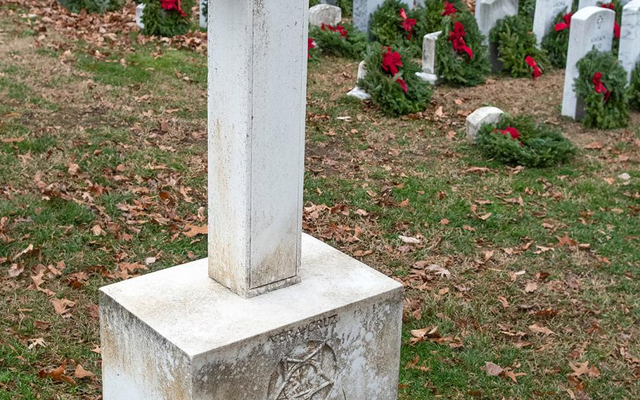 The grave of Capt. Frederick V. McNair Jr. is adorned with a wreath during Wreaths Across America at the United States Naval Academy Cemetery in Annapolis, Md., December 13, 2019. McNair was awarded the Medal of Honor for bravery at Veracruz, Mexico, in 1914.