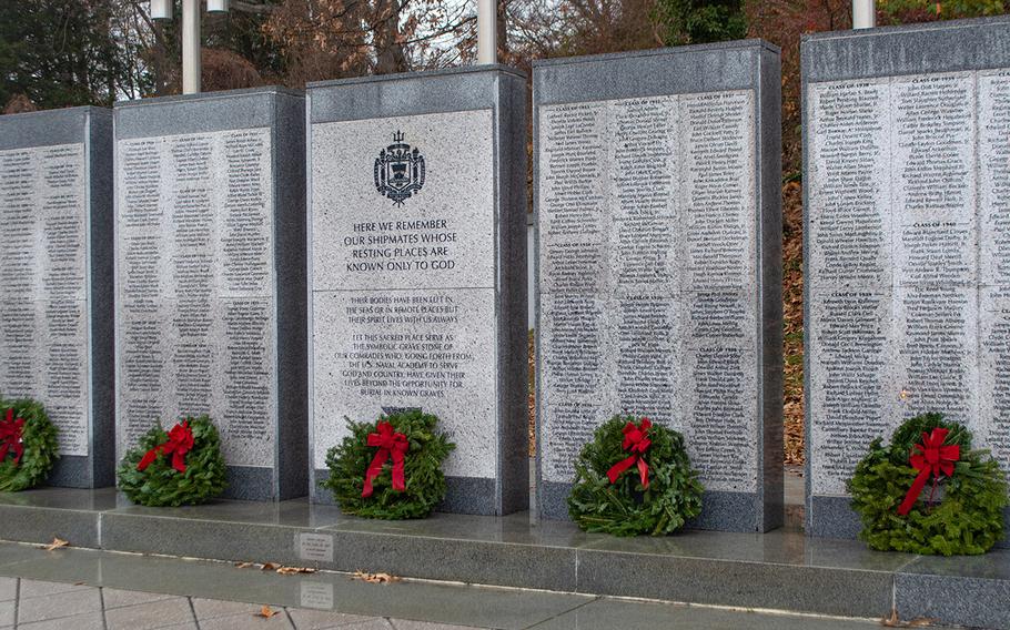 Wreaths are placed at the Class of 1937's memorial to the missing during Wreaths Across America at the United States Naval Academy Cemetery in Annapolis, Md., December 13, 2019.