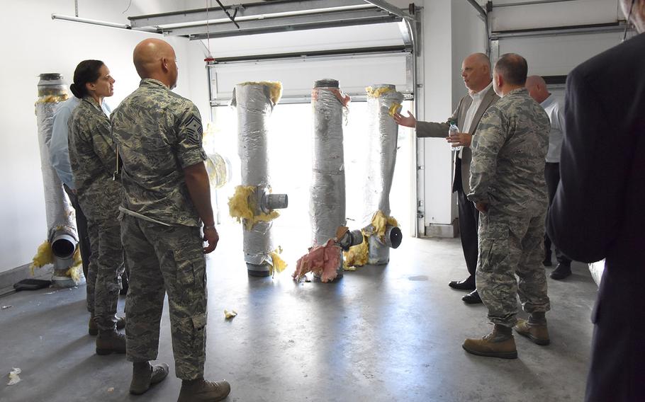 John Hoyt, the Hunt military communities vice president, explains the mold remediation work being done by Hunt at Keesler Air Force Base's Bay Ridge Housing to base leadership on Aug. 28, 2018.