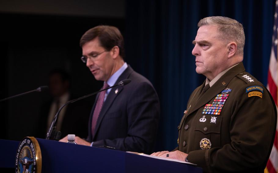 Defense Secretary Mark T. Esper and Chairman of the Joint Chiefs of Staff Army Gen. Mark A. Milley briefs the media at the Pentagon, Washington D.C., Dec. 20, 2019. Esper and Milley said the ballistic missiles launched from Iran struck locations that would have likely hit U.S. and anti-Islamic State coalition troops had they not been prepared for the attack. 
