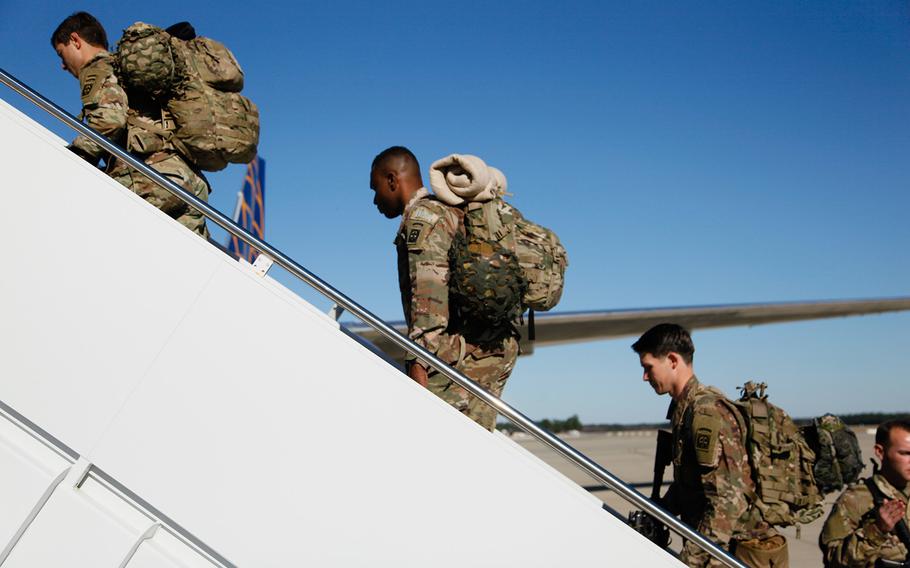 Paratroopers assigned to 1st Brigade Combat Team, 82nd Airborne Division load aircraft bound for the U.S. Central Command area of operations from Fort Bragg, N.C. on January 5, 2020.