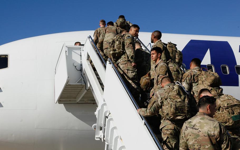 Paratroopers assigned to 1st Brigade Combat Team, 82nd Airborne Division load aircraft bound for the U.S. Central Command area of operations from Fort Bragg, N.C. on January 5, 2020.