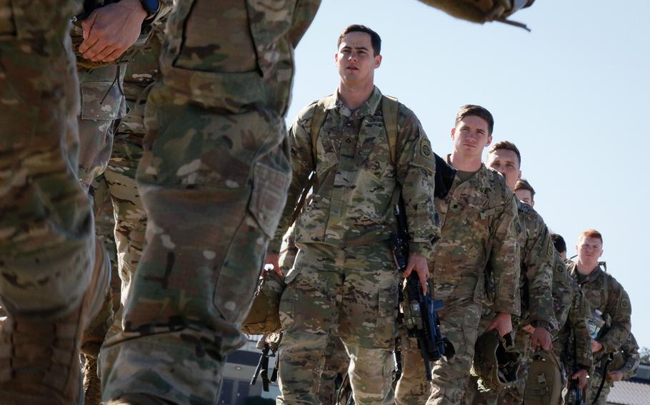 Paratroopers assigned to 1st Brigade Combat Team, 82nd Airborne Division load aircraft bound for the U.S. Central Command area of operations from Fort Bragg, N.C. on January 5, 2020. 