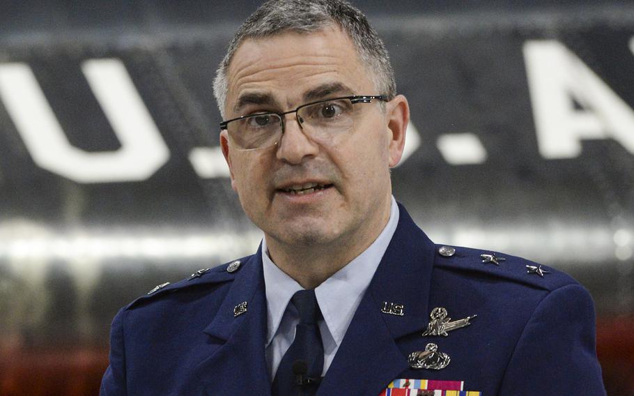 U.S. Air Force Maj. Gen. William T. Cooley, Air Force Research Laboratory commander, speaks during a press conference at Wright-Patterson Air Force Base, Ohio, April 18, 2019.