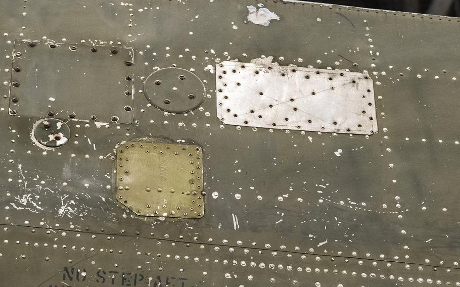 Part of the patched Martin B-26B-25-MA Marauder "Flak-Bait," being restored at the Smithsonian's Udvar-Hazy Center in January, 2020. In all, the plane was hit by over 1,000 pieces of flak and shrapnel that required such repairs.