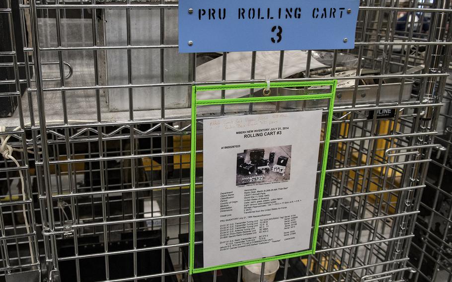 Information on a storage cart indicates that it contains radio equipment from the Martin B-26B-25-MA Marauder "Flak-Bait," being restored at the Smithsonian's Udvar-Hazy Center in January, 2020.