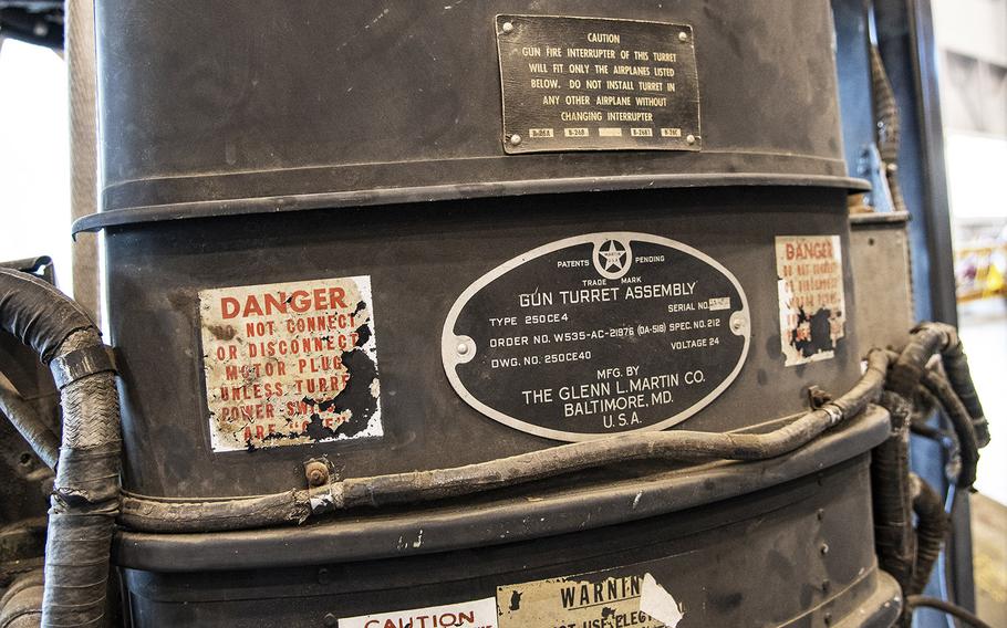 Instructions on the upper gun turret of the Martin B-26B-25-MA Marauder "Flak-Bait," being restored at the Smithsonian's Udvar-Hazy Center in January, 2020.