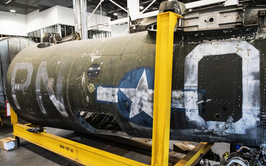 The fuselage identification code "PN-O" on the Martin B-26B-25-MA Marauder "Flak-Bait," being restored at the Smithsonian's Udvar-Hazy Center in January, 2020, indicates that aircraft "O" was assigned to the 449th Bombardment Squadron, 322nd Bombardment Group (nicknamed the 'Annihilators').