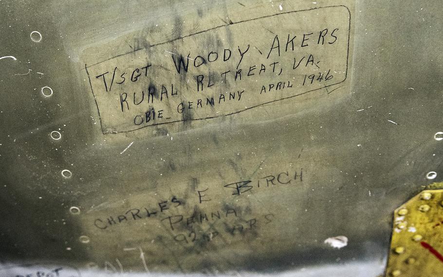 Signatures adorn the fuselage of the Martin B-26B-25-MA Marauder "Flak-Bait," being restored at the Smithsonian's Udvar-Hazy Center in January, 2020.