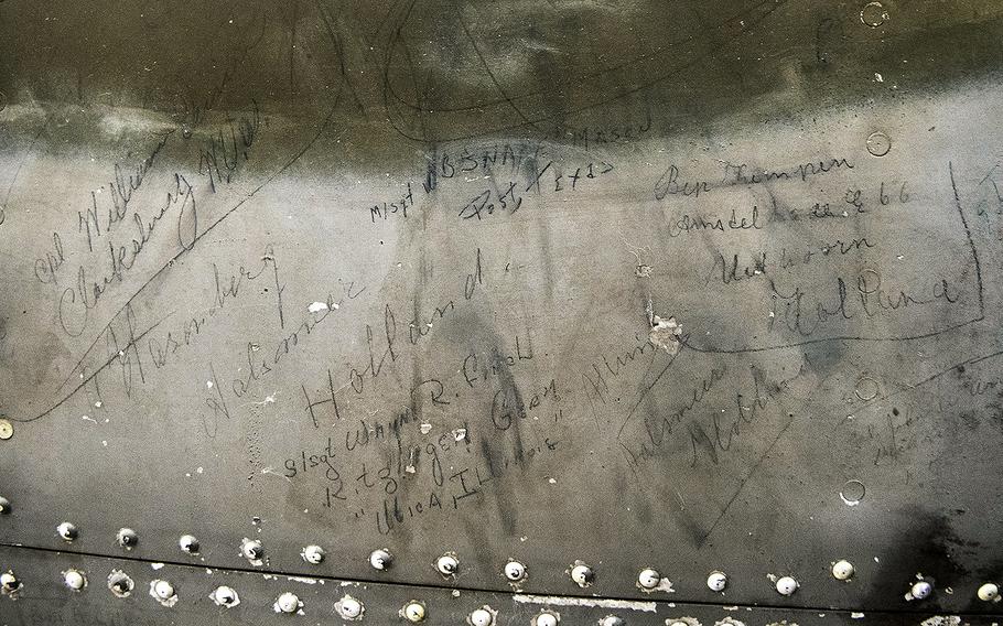 Signatures adorn the fuselage of the Martin B-26B-25-MA Marauder "Flak-Bait," being restored at the Smithsonian's Udvar-Hazy Center in January, 2020.