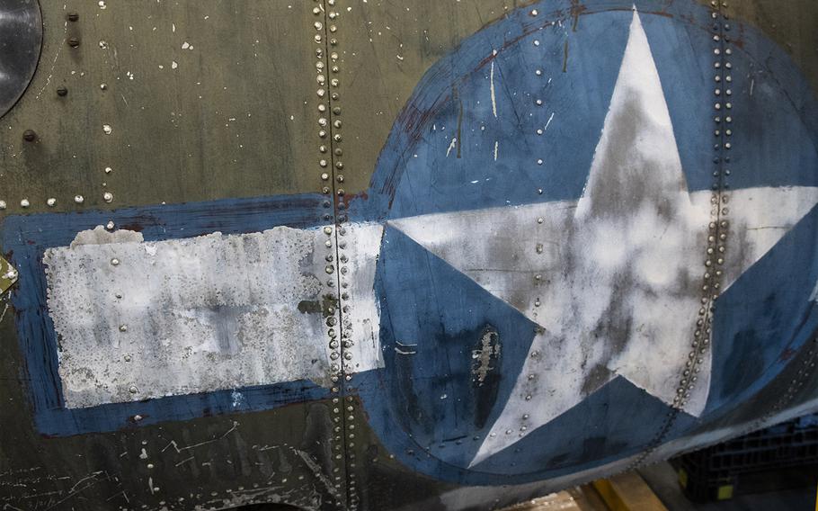 The U.S. national insignia on the Martin B-26B-25-MA Marauder "Flak-Bait," being restored at the Smithsonian's Udvar-Hazy Center in January, 2020. Along the edges are blue lines that replaced the red ones on an earlier version of the insignia.