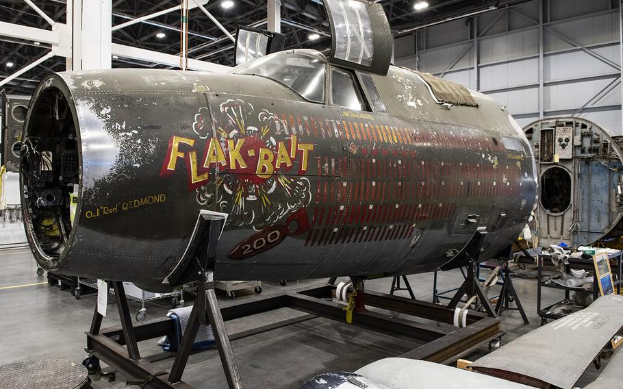 The front section of the Martin B-26B-25-MA Marauder "Flak-Bait," being restored at the Udvar-Hazy Center in January, 2020, was formerly on display in the World War II section of the Smithsonian's Air and Space Museum in Washington, D.C. -- which is itself being restored. O.J. Redmond, whose name is painted near the front, was one of the plane's bombardiers.