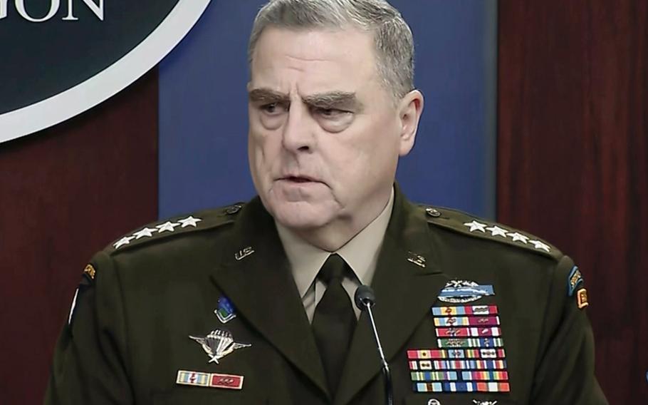 In this video screenshot, Army Gen. Mark Milley, chairman of the Joint Chiefs of Staff, speaks to reporters at the Pentagon on Jan. 30, 2020.