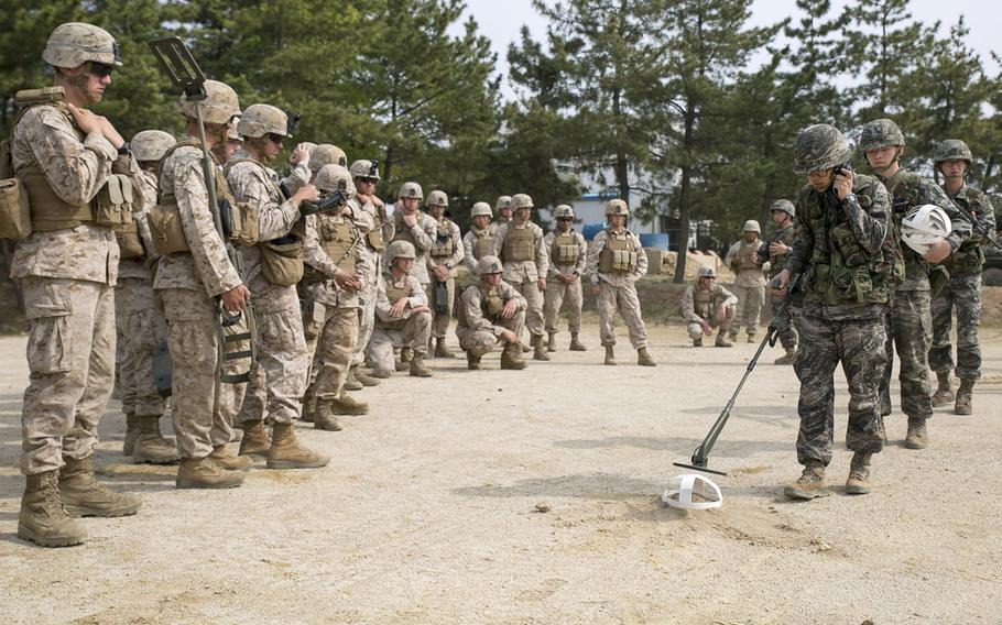 In a 2014 photo, Republic of Korea Marines demonstrate a minesweeping technique for U.S. Marines during Korean Marine Exchange Program 14-6 in Pohang, Republic of Korea.