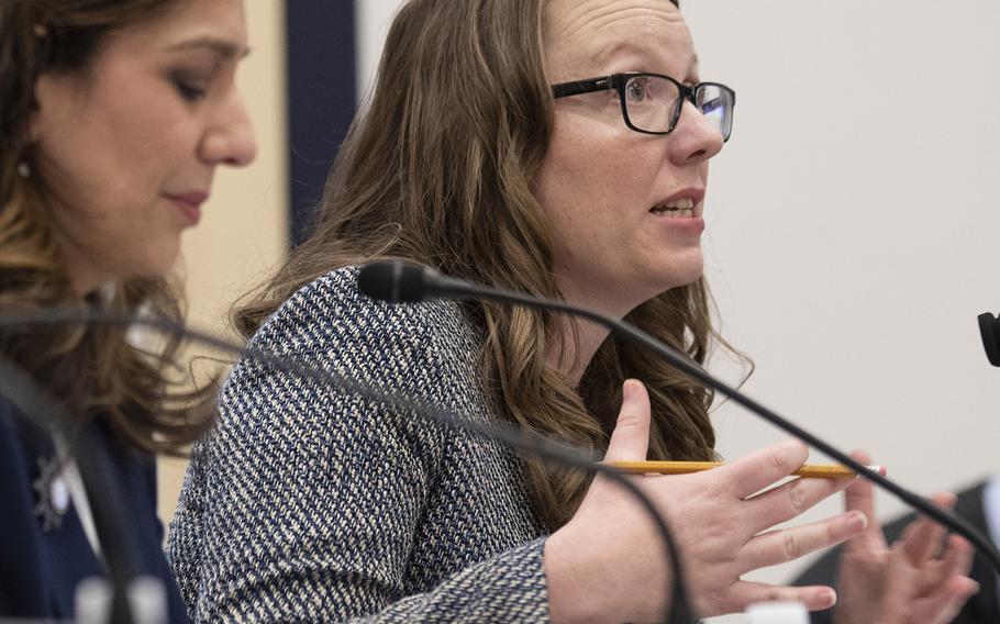 Austin Carrigg, an advocate for special needs military family members, testifies at a House hearing on the Exceptional Family Member Program, Feb. 5, 2020 on Capitol Hill. At left is Michelle Norman.