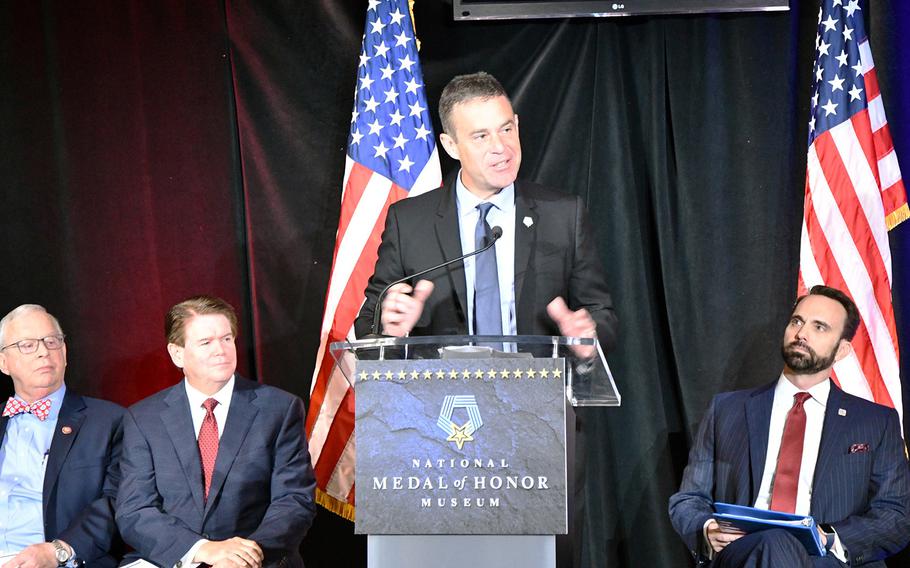 Tom McQueeney, chairman of the Congressional Medal of Honor Museum Foundation, speaks at a July announcement to build a Medal of Honor Museum in Mount Pleasant, S.C. The group seeks to raise $35 million and open the museum on July 4, 2023. 