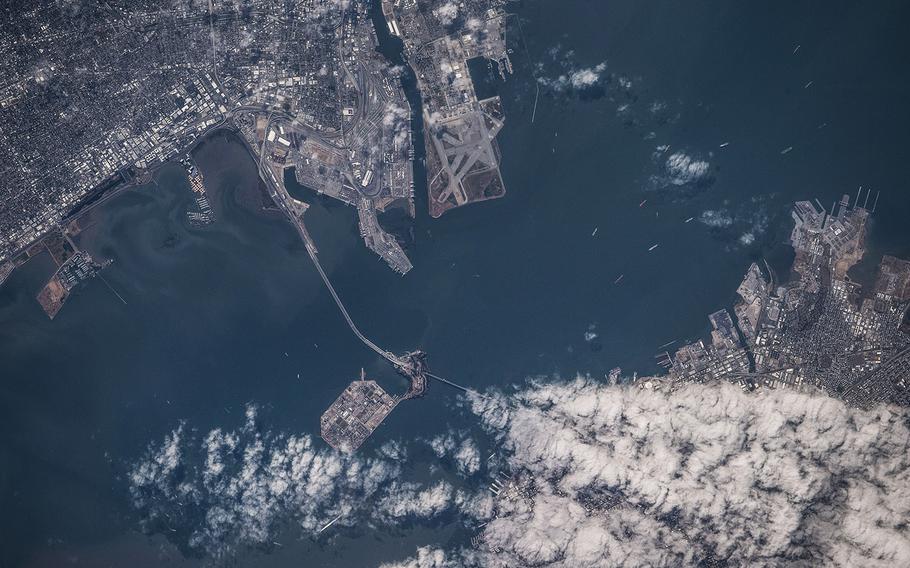 The International Space Station was orbiting off the coast of California in 2019 when an Expedition 60 crewmember photographed San Francisco Bay, Treasure Island, Oakland and a cloud-covered San Francisco.