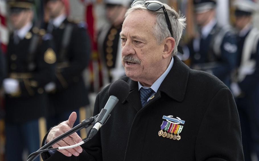 Vietnam Veterans Memorial founder Jan Scruggs speaks at a ceremony marking the 75th anniversary of the Battle of Iwo Jima, Feb. 19, 2020 at the National World War II Memorial in Washington, D.C.