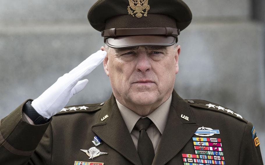 Joint Chiefs of Staff Chairman Gen. Mark Milley salutes during a Battle of Iwo Jima 75th anniversary ceremony, Feb. 19, 2020 at the National World War II Memorial in Washington, D.C.